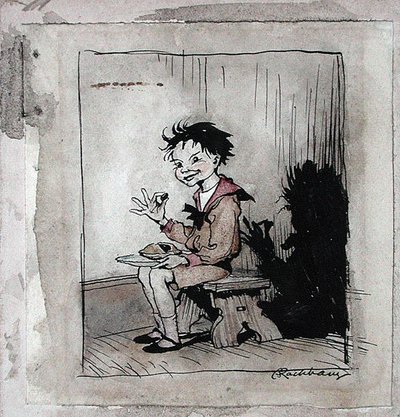 リトル・ジャック・ホーナー（1913年出版の「マザーグース、古い童謡」からのイラスト）（紙にペンとインク、水彩画 作： Arthur Rackham