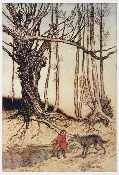 赤ずきんちゃんと森の中のオオカミ。 作： Arthur Rackham
