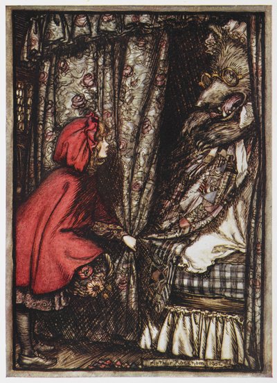 Little Red Riding and the Wolf dressed as her grandmother.   1453326   ja       japanese Successfully Translated  Original: Trivulzio Madonna or Madonna of Humility with Angels and Carmelite Saints by Filippo Lippi (ca 1406-1469), tempera on panel, 85x168  作： Arthur Rackham