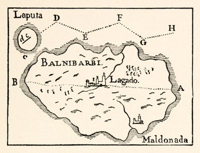 パートIIIのラピュタ（空飛ぶ島の右上）とバルニバルビ（メイン港マルドナダ）の地図：ジョナサンスイフトのガリバー旅行におけるラピュタ、バルニバルビ、ラグナッグ、グルブダブドリ、および日本への航海 作： Arthur Rackham