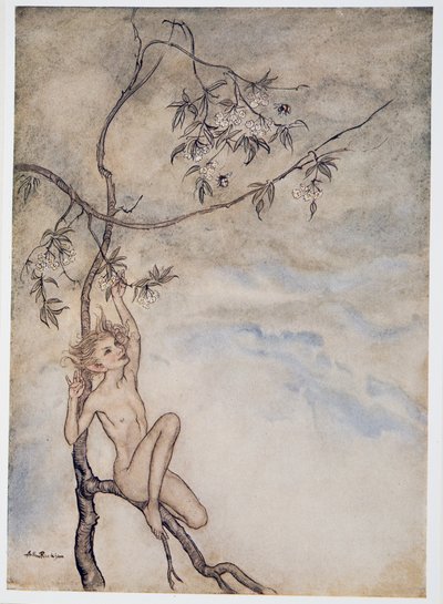 陽気に、陽気に、私は今、枝に掛かっている花の下に住んでいます。 1926 作： Arthur Rackham