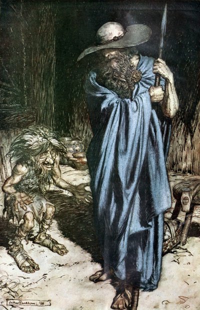 マイムと放浪者。リチャードワーグナーによるジークフリートと神々の黄昏のイラスト 作： Arthur Rackham