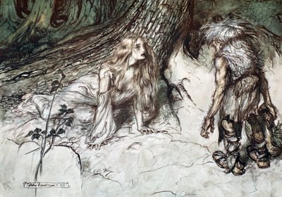 「森でジークフリートの母親を見つけるマイム」、1924年。 作： Arthur Rackham