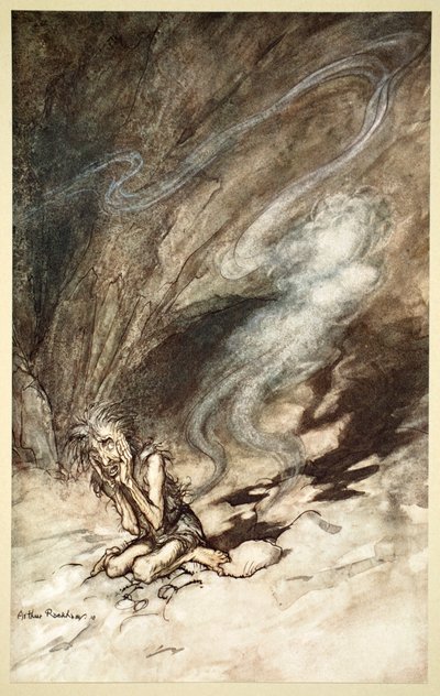 「受けたまつげの下で身もだえするパントマイム」、1910年。 作： Arthur Rackham