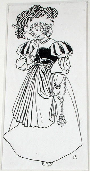 ウナ・フォン・ソムシング嬢、トーマス・インゴールドビー著「The Ingoldsby Legends, or Mirth and Marvels」（1898年発行）のイラスト（紙にペンとインク）。 作： Arthur Rackham