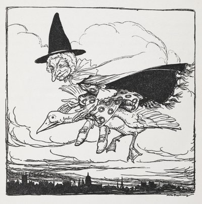 ガチョウに乗って飛んでいるマザーグース。 作： Arthur Rackham