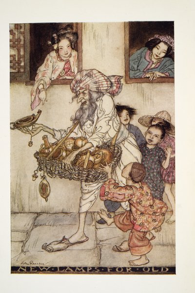アーサーラッカムの妖精の本、パブからの古いもののための新しいランプ。 1933 作： Arthur Rackham