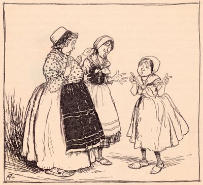 Agora eu sei porque aquela coisa metida ali não come. Ilustração de Arthur Rackham dos contos de fadas de Grimm One-Eye, Two-eyes e Three-eyes. 作： Arthur Rackham
