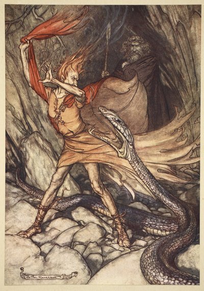 『おhe！おへ！恐ろしいドラゴンよ、私を飲み込まないで！ 1910年の「ラインゴールドとヴァルキリー」からのイラスト 作： Arthur Rackham