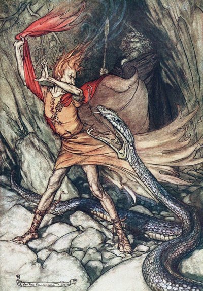 おへ！おへ！ひどいドラゴン、ああ、私を飲み込まないで！ラインゴールドとヴァルキリーのイラスト 作： Arthur Rackham