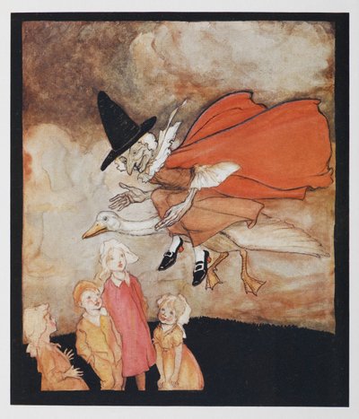 赤いマントと黒い帽子をかぶった何人かの子供たちの上を飛んでいる年老いたマザー グース。 作： Arthur Rackham