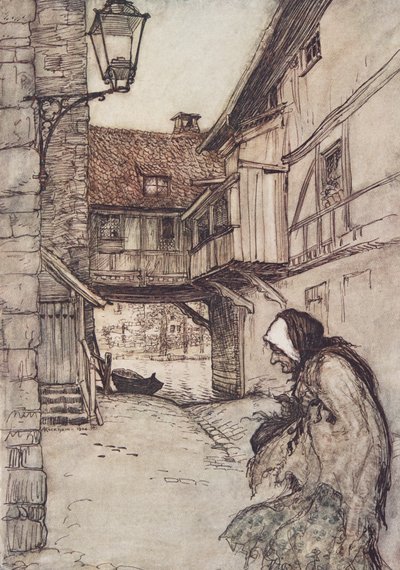 かつて、パブのグリム兄弟の童話の村に住んでいた貧しい老婦人がいました。 1909 作： Arthur Rackham