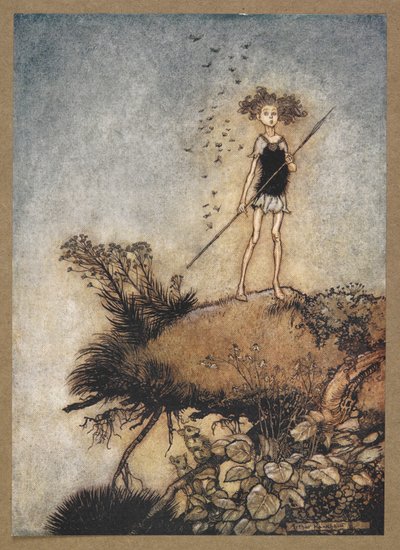 よそよそしい歩哨」。 オベロン。 「真夏の夜の夢」の一場面。 作： Arthur Rackham