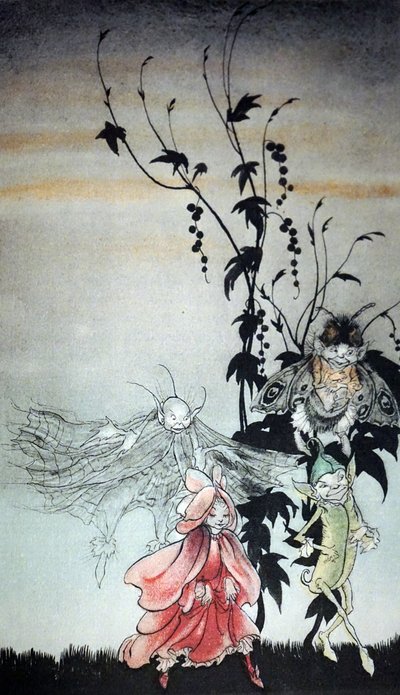 真夏の夜の夢」でタイタニアに付き添っていた妖精、Peaseblossom, cobweb, Moth, Mustardseed by Arthur Rackham 作： Arthur Rackham