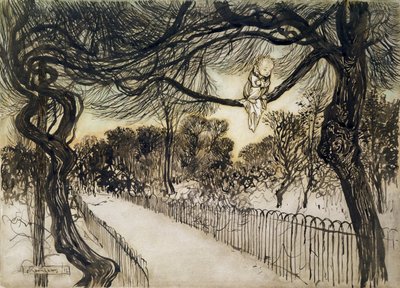 ピーターパンの枝、JMバリーによるケンジントンガーデンズのピーターパンのシーン、1912年（ペンとインク、トイレ） 作： Arthur Rackham