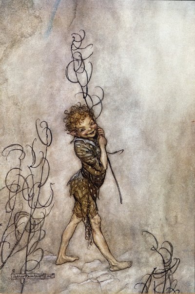 劇中のキャラクター「パック」。ウィリアム・シェイクスピア作「夏の夜の夢」のイラスト 作： Arthur Rackham