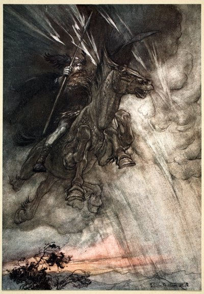「怒涛のヴォータン、岩に乗る! あらしのようにやってくる！」、1910年。 作： Arthur Rackham