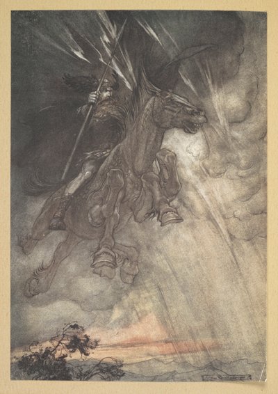 「怒涛のヴォータン、岩へ駆け上がれ！あらしのようにやってくる！」 作： Arthur Rackham
