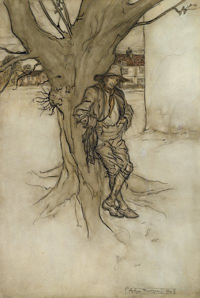 彼が山を登ったときの彼自身の正確な対応物である息子のリップス、1904年（紙にペンとインクが付いたトイレ） 作： Arthur Rackham