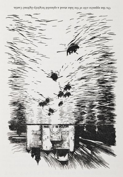 Soutuveneet joella lähestymässä linnaa yöllä. 作： Arthur Rackham