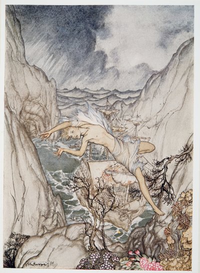 安全に港にいるのは、パブのウィリアムシェイクスピアーザテンペストのイラストである王の船です。 1926 作： Arthur Rackham