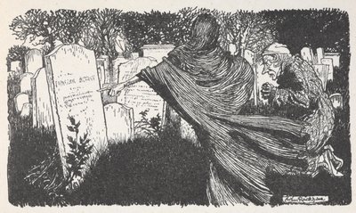 夜の墓地にいるスクルージと幽霊。 作： Arthur Rackham