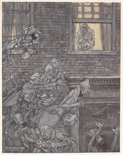 スクルージは窓際で下の通りの幽霊を見ている 作： Arthur Rackham