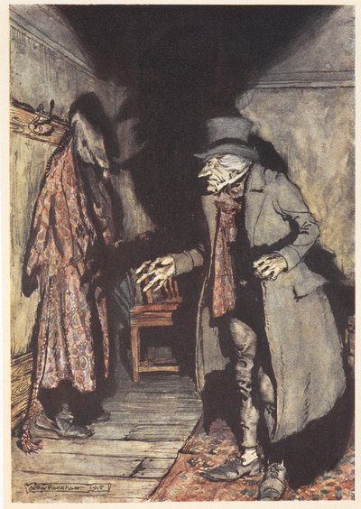 夜、彼の家にいるスクルージ 作： Arthur Rackham