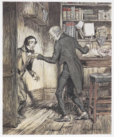 別の男が入ると、スクルージは彼のオフィスで書いています 作： Arthur Rackham