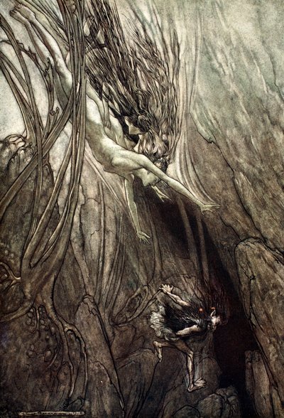 「略奪者を捕まえろ！ ゴールドを救え！ 助けて！ 助けて！ わざわい！ 」、1910年。 作： Arthur Rackham