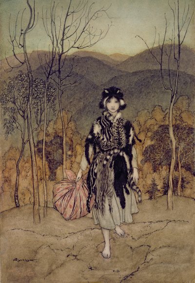 彼女は英語の童話のイラストに沿って、そしてキャッツスキンと一緒に行きました、FAスチール、1918年（ペンとインク、WC） 作： Arthur Rackham