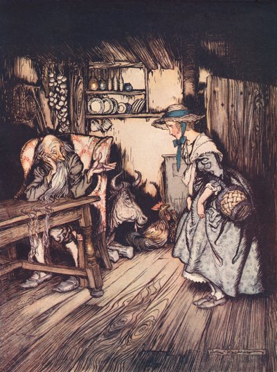 彼女はそこで夜を過ごすことを許してくれるようにとてもきれいに懇願した。 19世紀後半に出版されたグリム童話「森の小屋」のアーサー・ラッカムによる挿絵。 作： Arthur Rackham