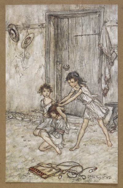 学校に行ったとき、彼女はビクセンでした。」 「真夏の夜の夢」の一場面。 作： Arthur Rackham
