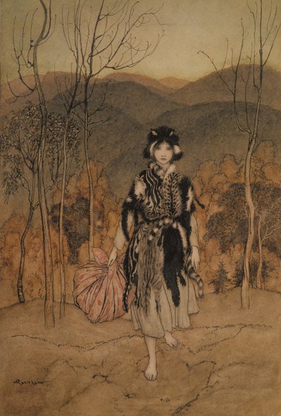 彼女は一緒に行き、一緒に行き、キャッツスキンに身を包んだまま、1918年に出版されたFAスティールによって英語の童話が再発行されたイラスト（ペンとインクと紙の上に紙） 作： Arthur Rackham