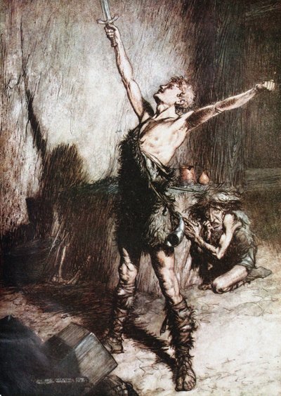 ジークフリートは彼の剣を偽造します。ジークフリートと神々の黄昏のイラスト、リチャードワグ作 作： Arthur Rackham