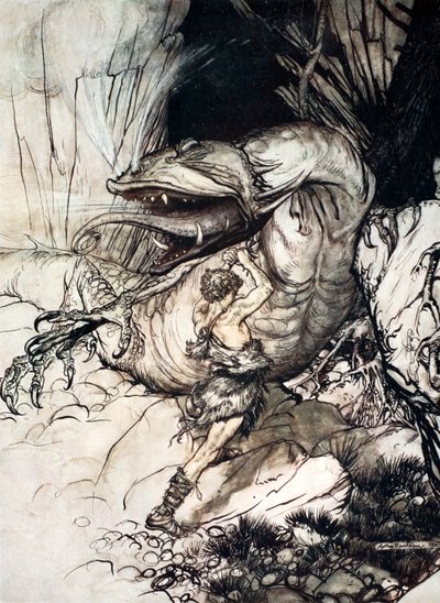 「ジークフリートがファフナーを殺す」、1924年。 作： Arthur Rackham