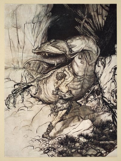 ジークフリートがファフナーを殺す、「ジークフリートと神々の黄昏」のイラスト、1924 作： Arthur Rackham