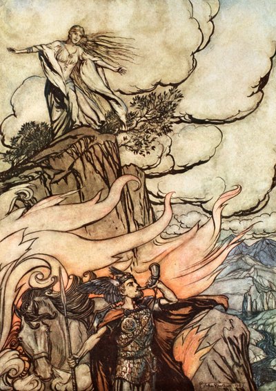 「ジークフリート、冒険を求めてブリュンヒルデを去る」、1924年。 作： Arthur Rackham