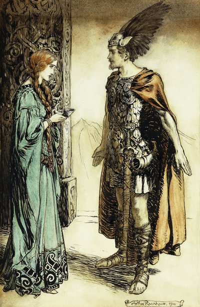 ジークフリートとグトルネの出会い：神々の黄昏、1911年 作： Arthur Rackham