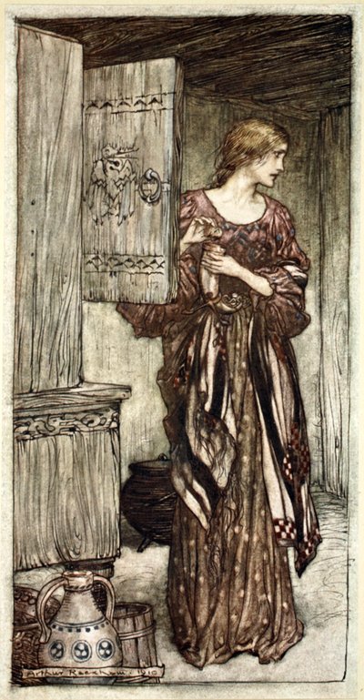 「ジークリンデは夜のためにフンディングの下書きを準備する」、1910年。 作： Arthur Rackham