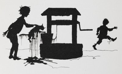 井戸から猫を引っ張る少年のシルエット。 作： Arthur Rackham