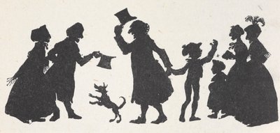 教会から帰る途中で人々に挨拶する少年と男性のシルエット。 作： Arthur Rackham