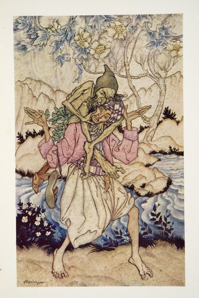 シンバッドは、パブのアーサーラッカムフェアリーブックから、海の老人を背負っていた。 1933 作： Arthur Rackham