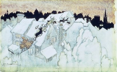 「だから、彼らが飛んだ家の頂上まで」、「The Night Before Christmas」パブのイラスト。 1931 作： Arthur Rackham
