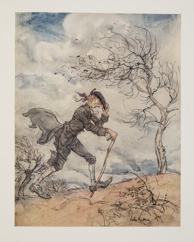 風の強い日に丘のプロファイルに沿って歩きます。WashngtonIrvingによるThe Legend of Sleepy Hollow（1783-1859）のパブから。 1928 作： Arthur Rackham