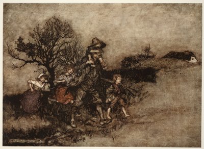 子供たちの軍隊に囲まれています。ワシントンアービングのパブ、リップヴァンウィンクルから。 1910 作： Arthur Rackham