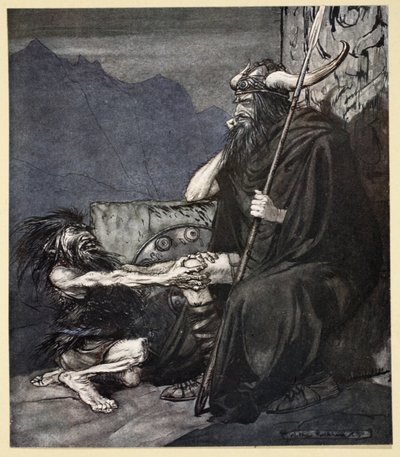 「私に誓って、ハーゲン、私の息子！」、「ジークフリートと神々の黄昏」のイラスト、1924 作： Arthur Rackham
