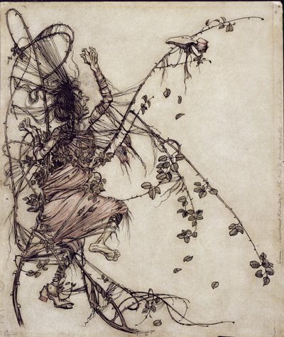 エドガー・ルイス夫人が翻訳したグリム兄弟の挿絵の恋人ローランドが1900年に出版（紙にペンとインクとトイレ） 作： Arthur Rackham