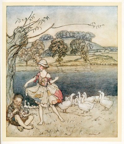 グーシャードがパイプを鳴らしながら踊るタターコート、英国のおとぎ話、パブ. 1922年。 作： Arthur Rackham
