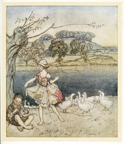 英語のおとぎ話、パブからグーズシェルドがパイプしながら踊るタッターコート。 1922 作： Arthur Rackham